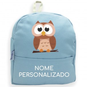 Mochila Coruja com nome ou frase personalizados Azul