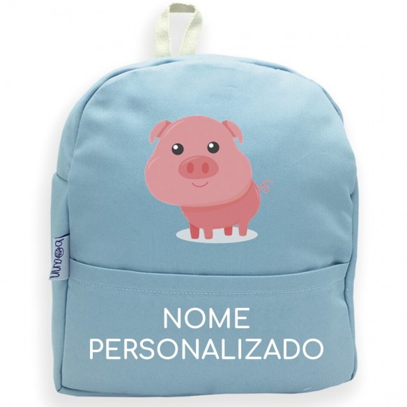 Mochila Porquinho com nome ou frase personalizados Azul