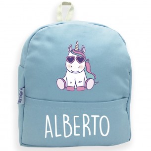  Mochila Unicornio com oculos com nome ou frase personalizados Azul 02