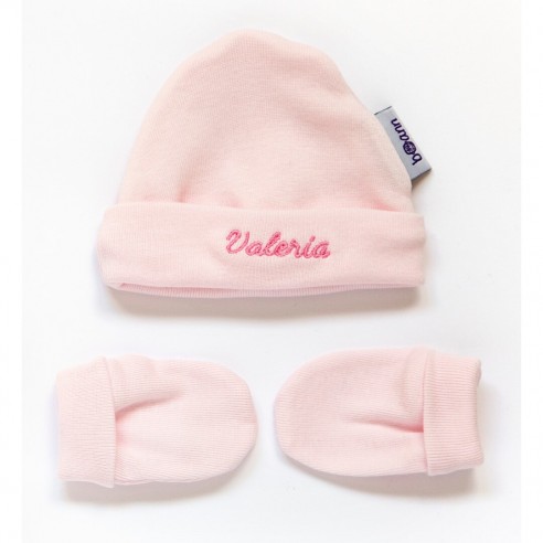 Chapeu e Luvas bordados com nome ou frase personalizados Rosa 02