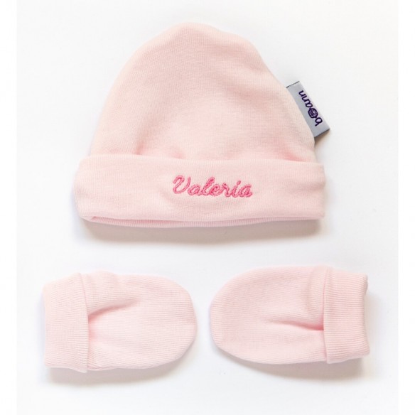 Chapeu e Luvas bordados com nome ou frase personalizados Rosa 02