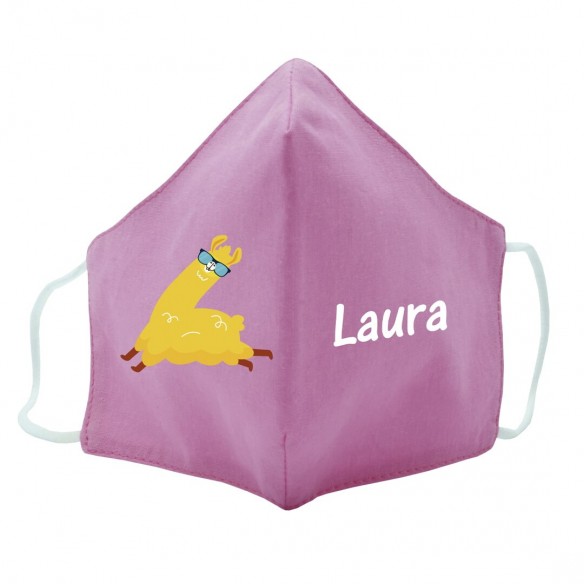  Máscara de tecido infantil Lhama com oculos personalizado Rosa 02
