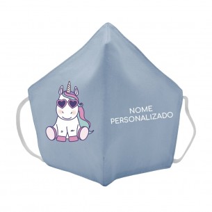 Máscara de tecido infantil Unicornio com oculos personalizado Azul