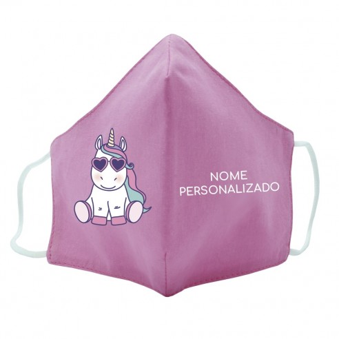  Máscara de tecido infantil Unicornio com oculos personalizado Rosa