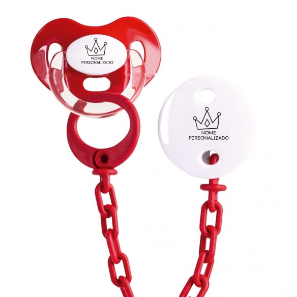 Conjunto Chupeta e corrrente coroa com nome ou frase personalizados Rojo
