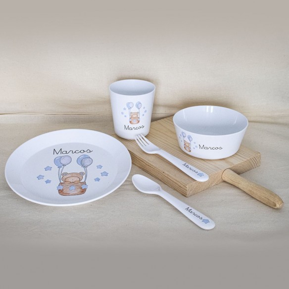 Louça completa (Prato+Copo+Talheres) BALÕES AZUIS com nome personalizado