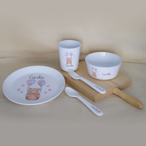 Louça completa (Prato+Copo+Talheres) BALÕES ROSA com nome personalizado