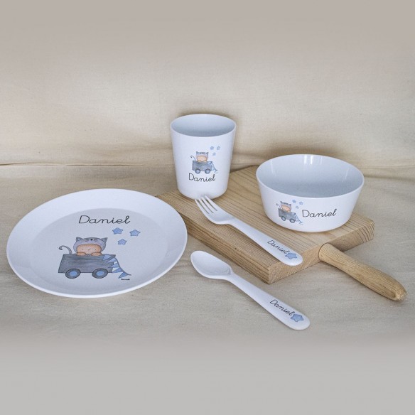 Louça completa (Prato+Copo+Talheres) BLUE TOY BOX com nome personalizado