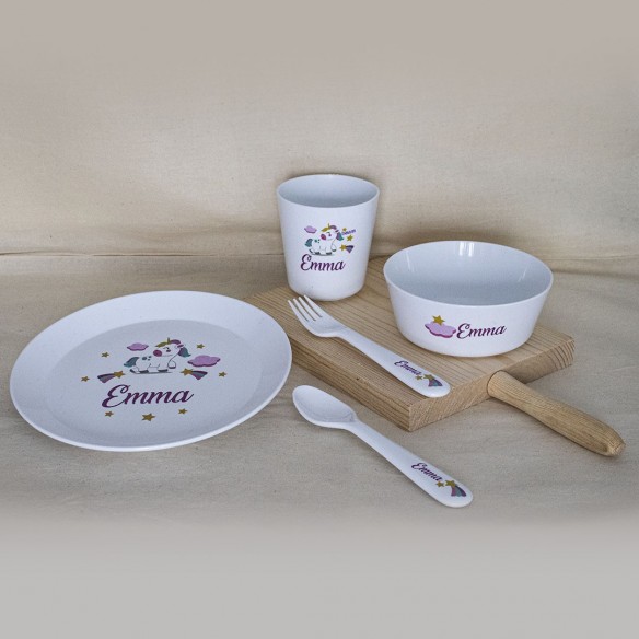 Louça completa (Prato+Copo+Talheres) UNICORNIO com nome personalizado
