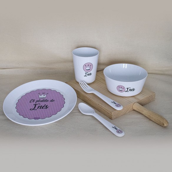 Louça completa (Prato+Copo+Talheres) BLONDA AZUL com nome personalizado